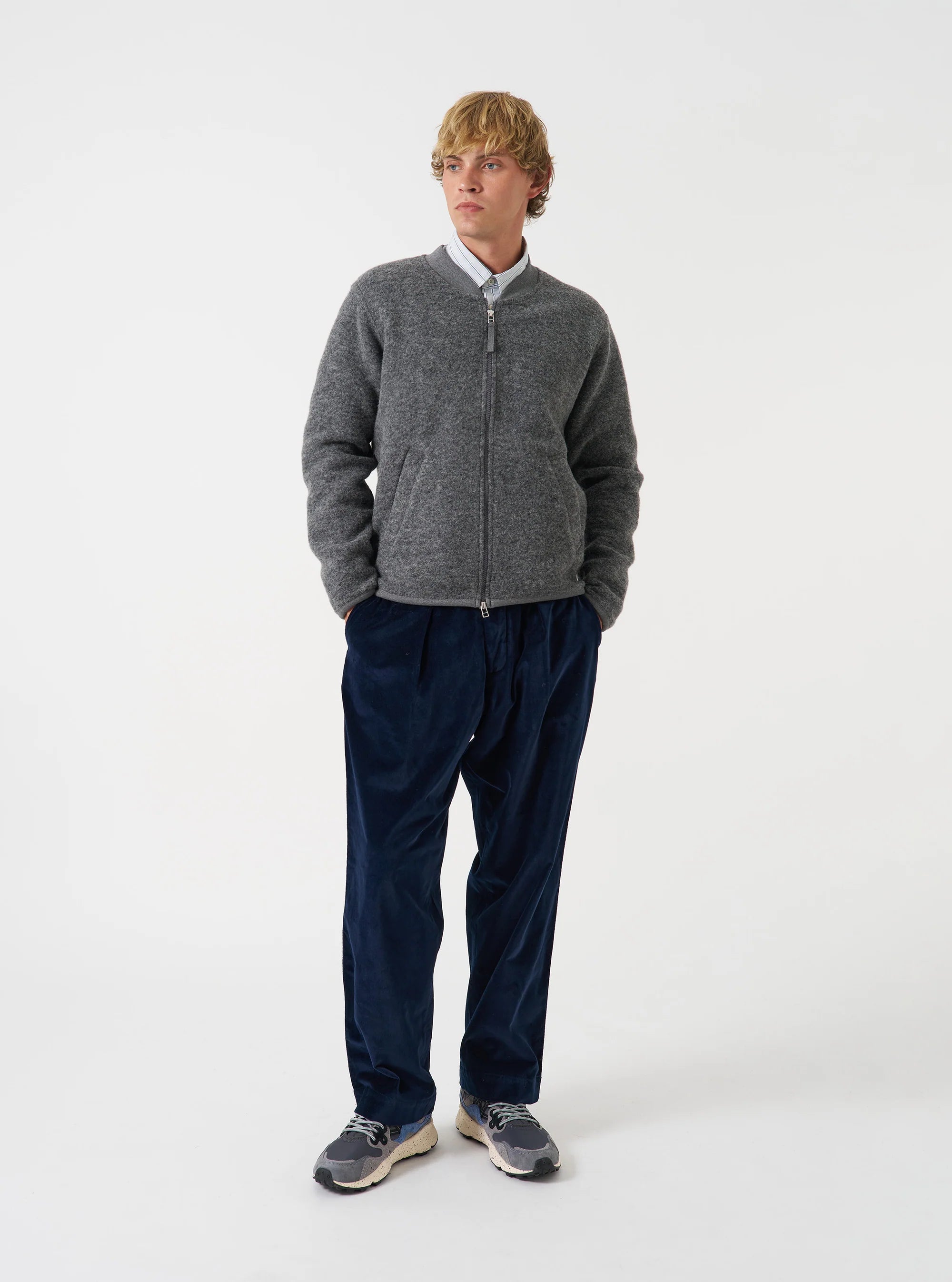 WOOL FLEECE ZIP BOMBER JACKET - GREY MARL