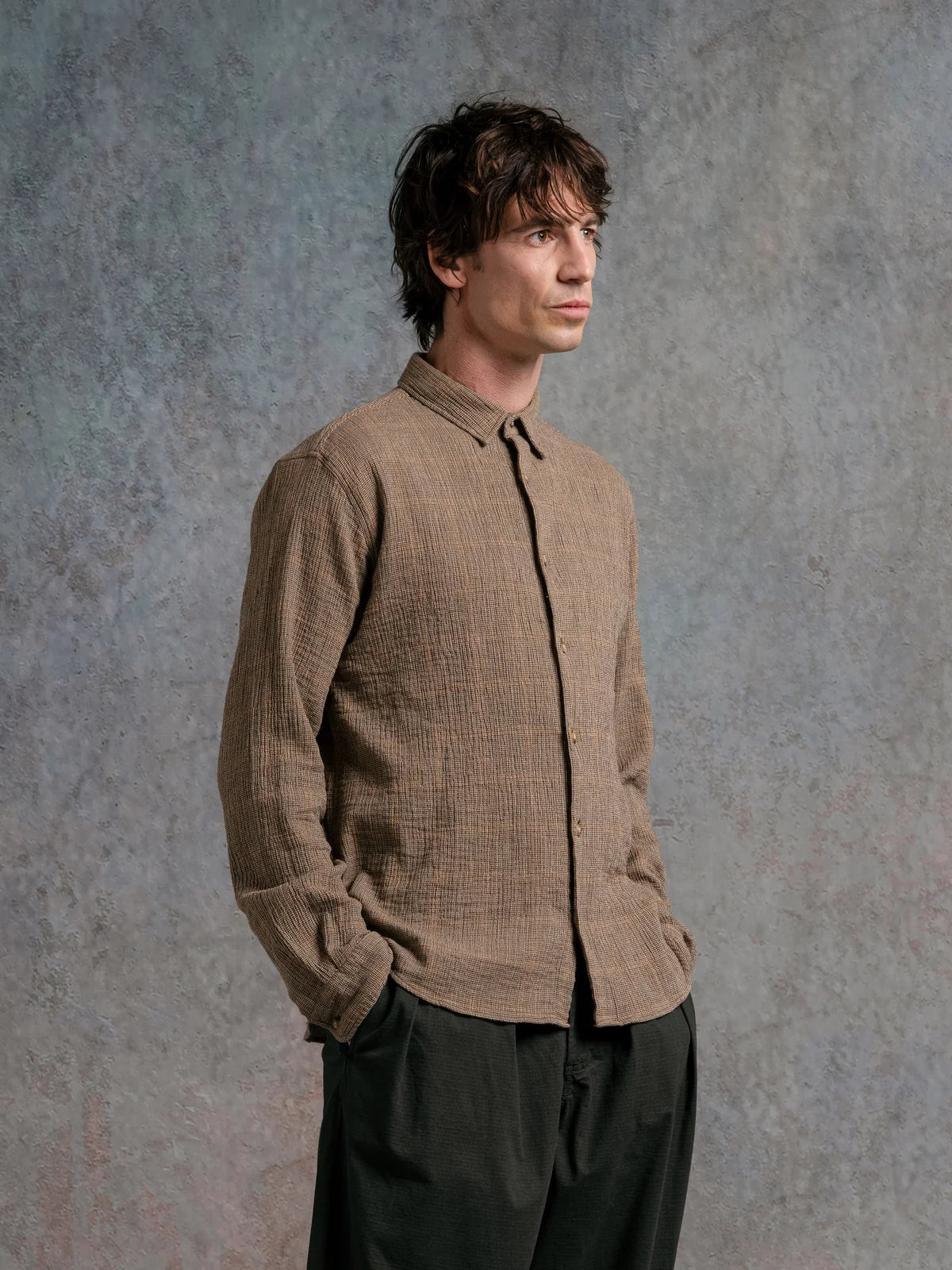 DIRLETON SHIRT - KHAKI CHECK CRINKLE COTTON