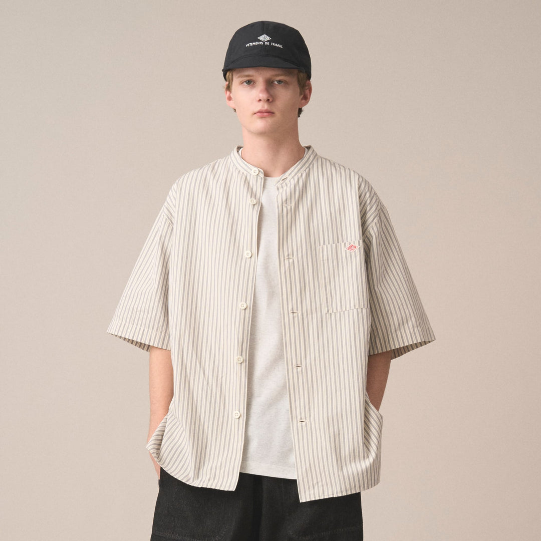 BAND COLLAR SS SHIRT - ECRU/CHARCOAL STRIPE