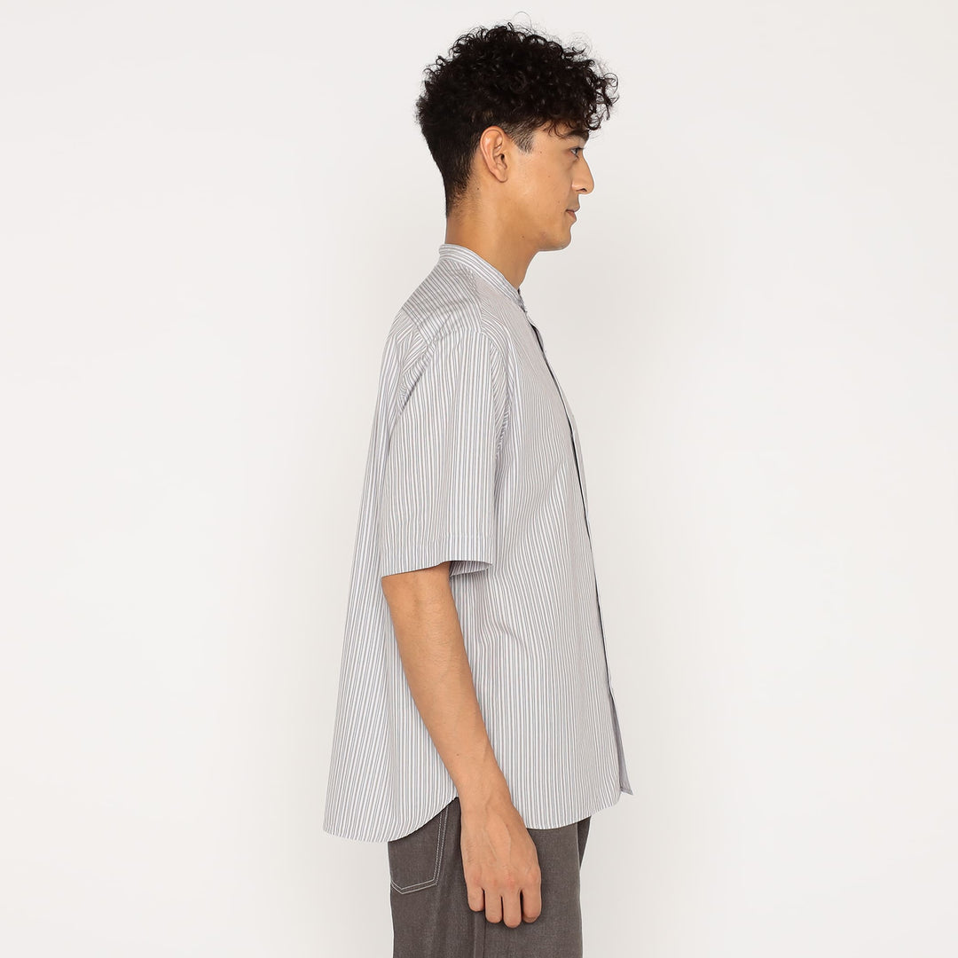 BAND COLLAR SS SHIRT - BLUE/BROWN STRIPE