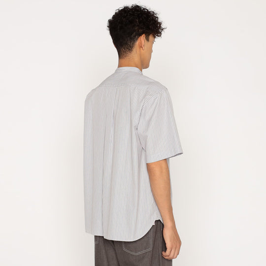 BAND COLLAR SS SHIRT - BLUE/BROWN STRIPE