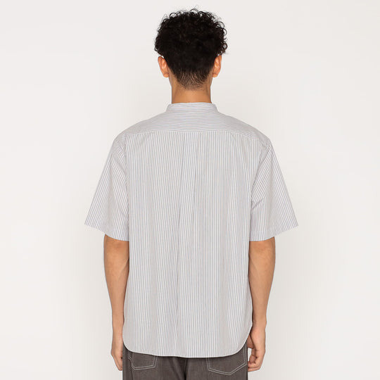 BAND COLLAR SS SHIRT - BLUE/BROWN STRIPE