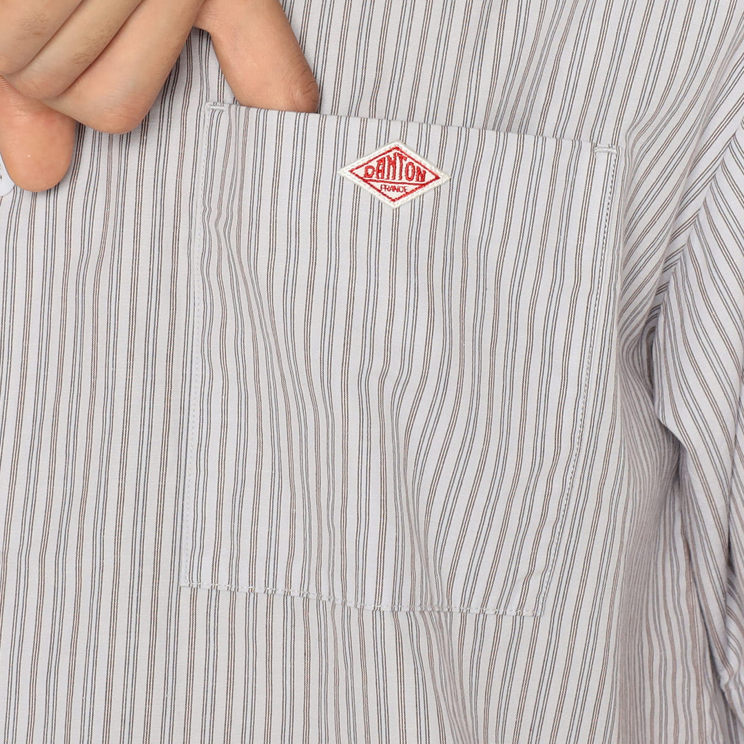 BAND COLLAR SS SHIRT - ECRU/CHARCOAL STRIPE