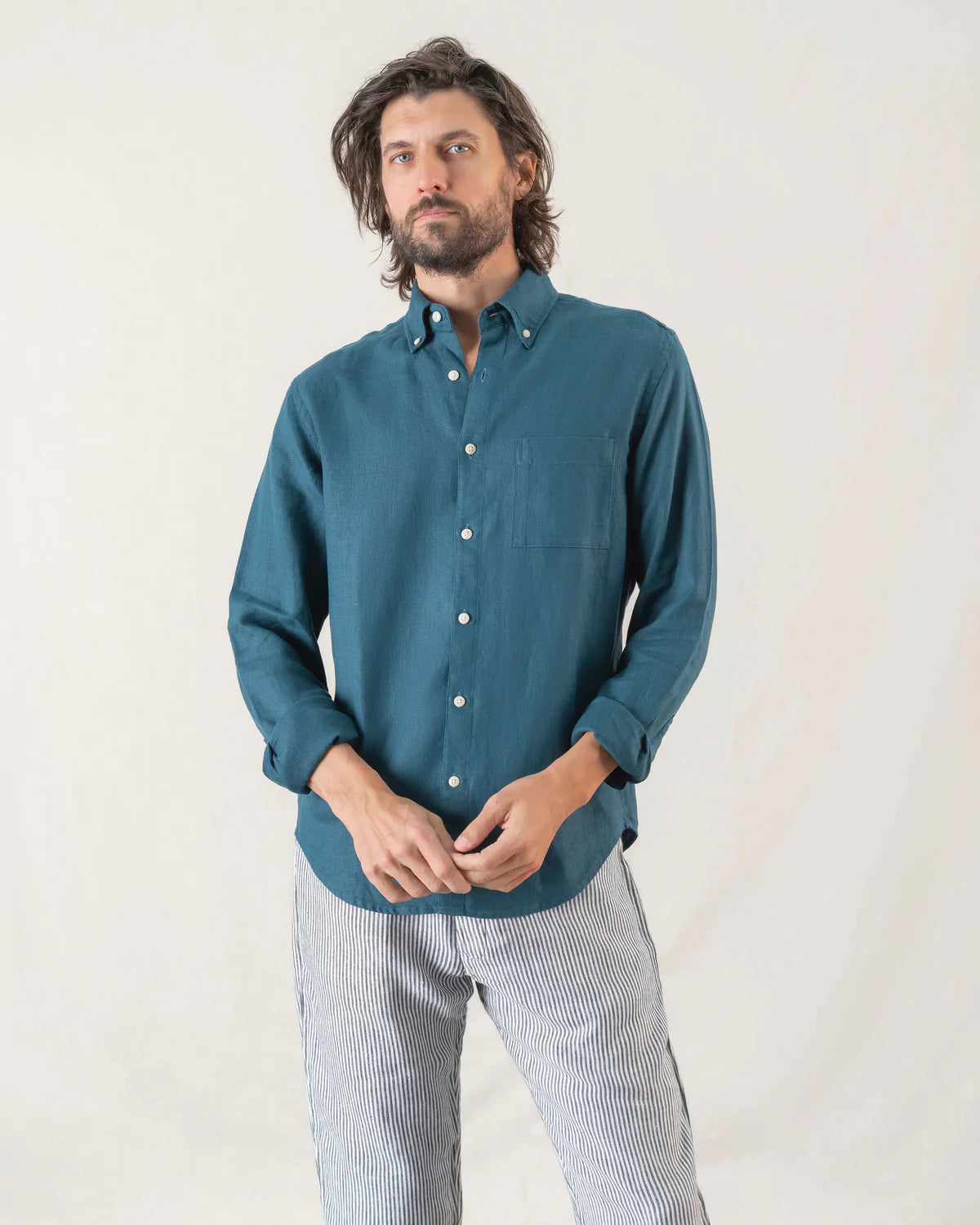 BLUE LONG SLEEVED LINEN SHIRT