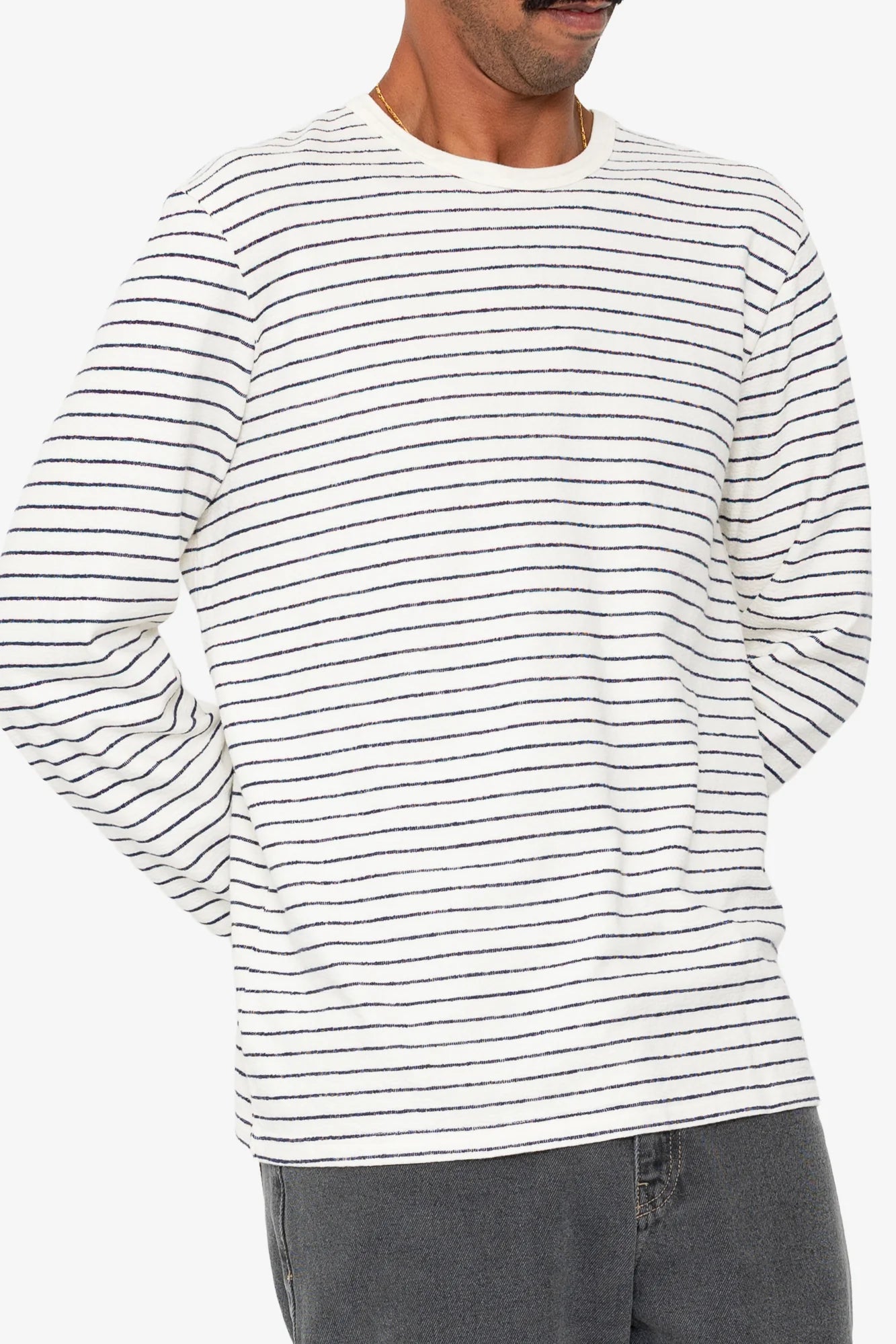 LONG SLEEVE TEXTURED TEE - ECRU/NAVY