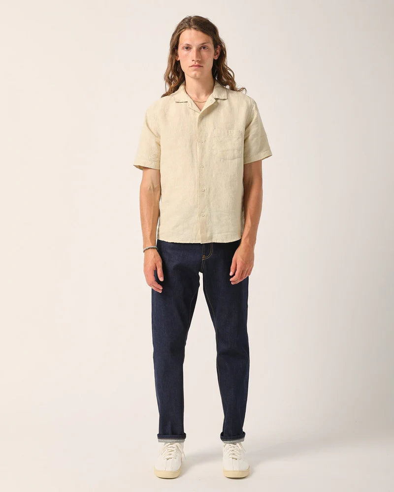 LINEN FLORAL JACQUARD SS CAMP - NATURAL