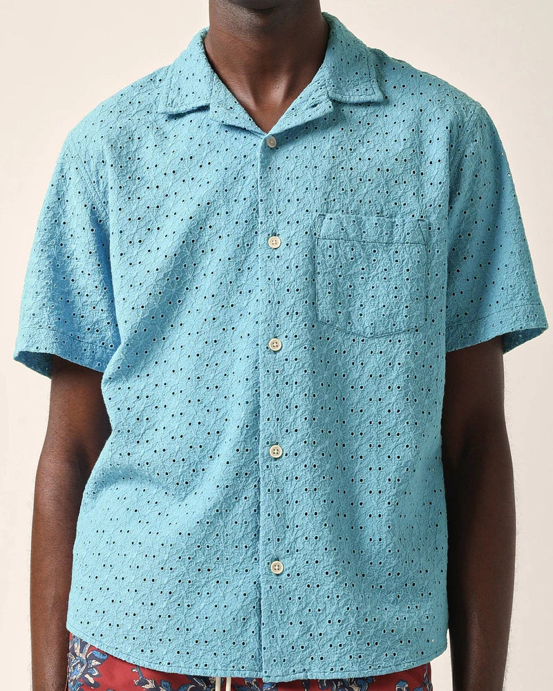 FLORAL EYELET SS SHIRT - BLUE