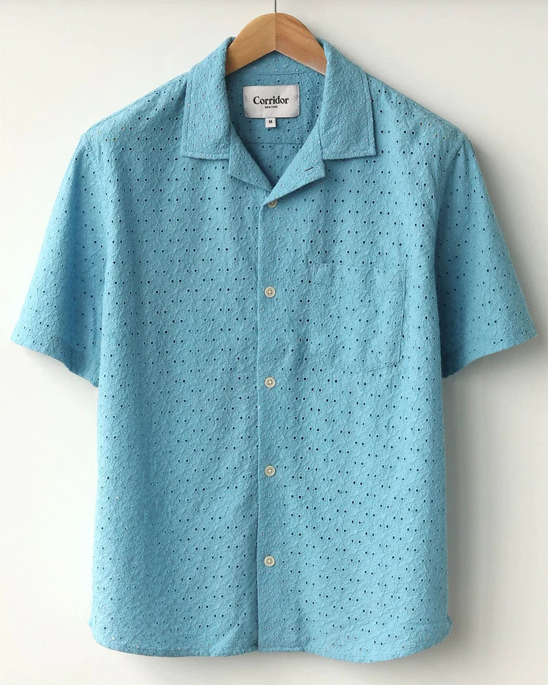 FLORAL EYELET SS SHIRT - BLUE