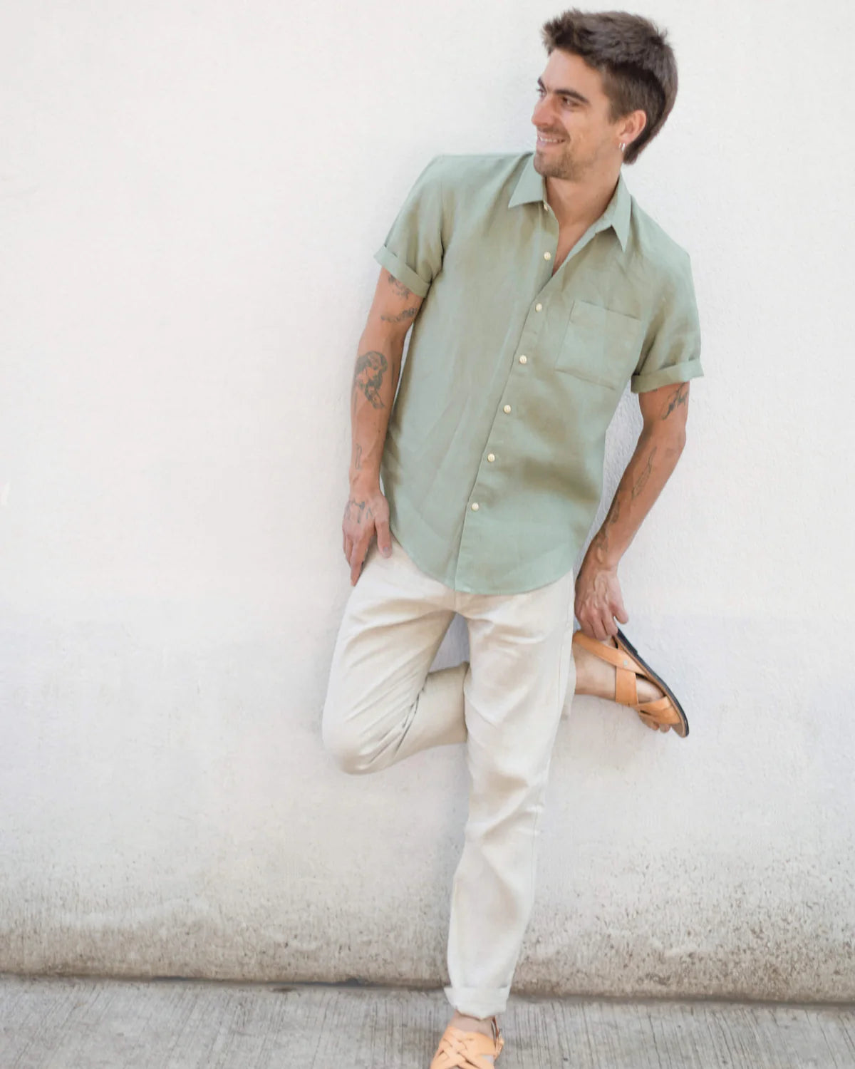 GREEN SHORT SLEEVE LINEN SHIRT