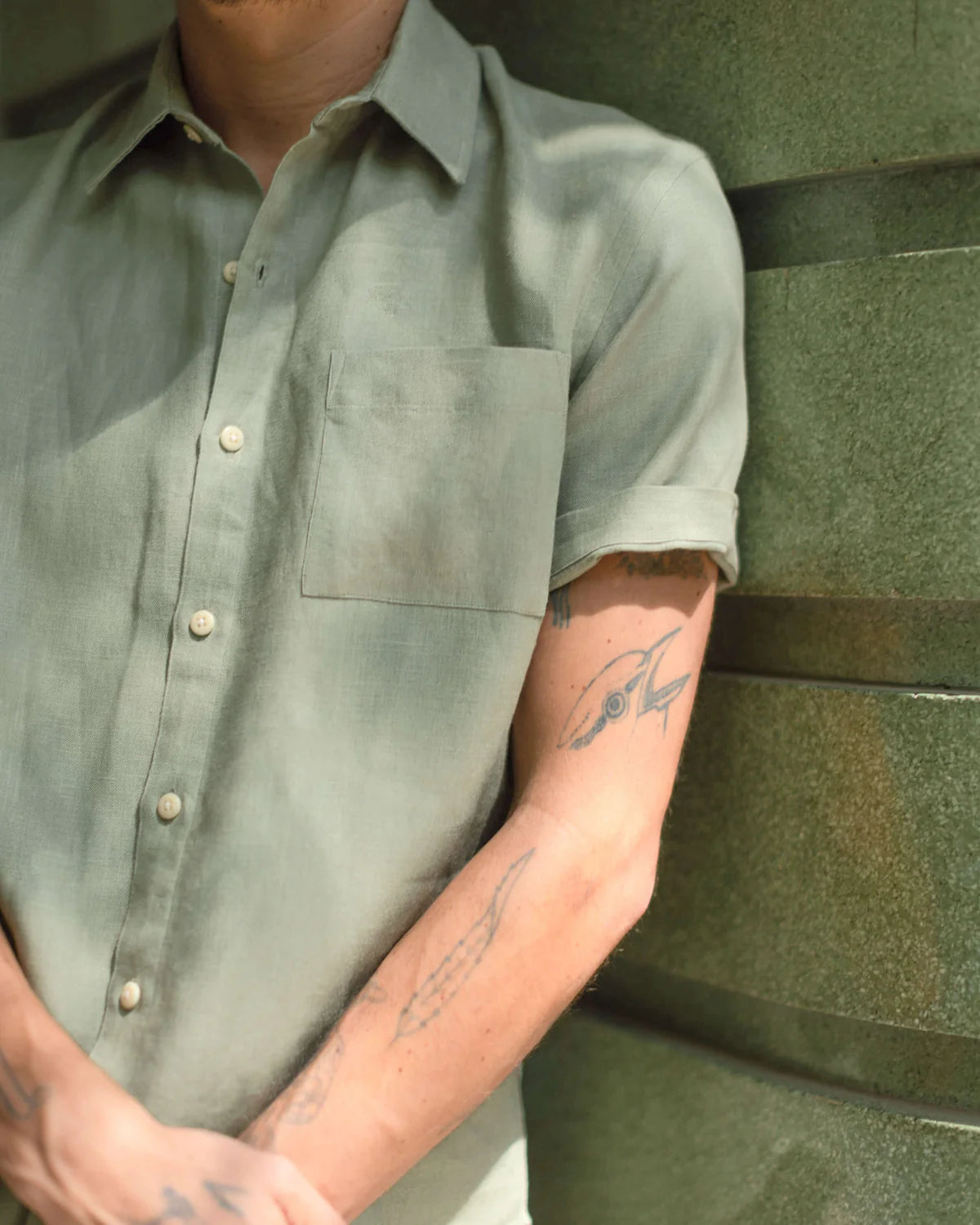 GREEN SHORT SLEEVE LINEN SHIRT