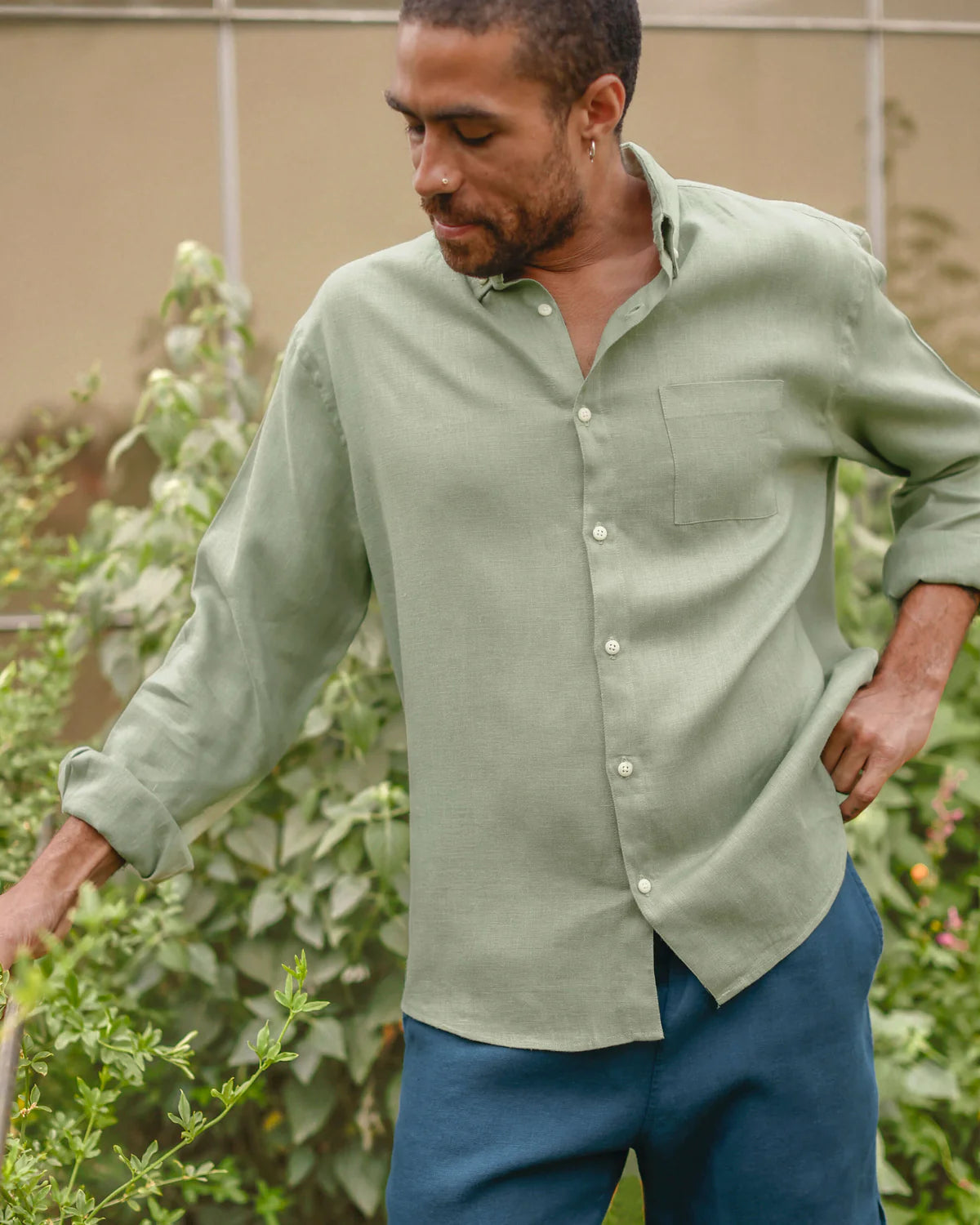 GREEN LONG SLEEVED LINEN SHIRT