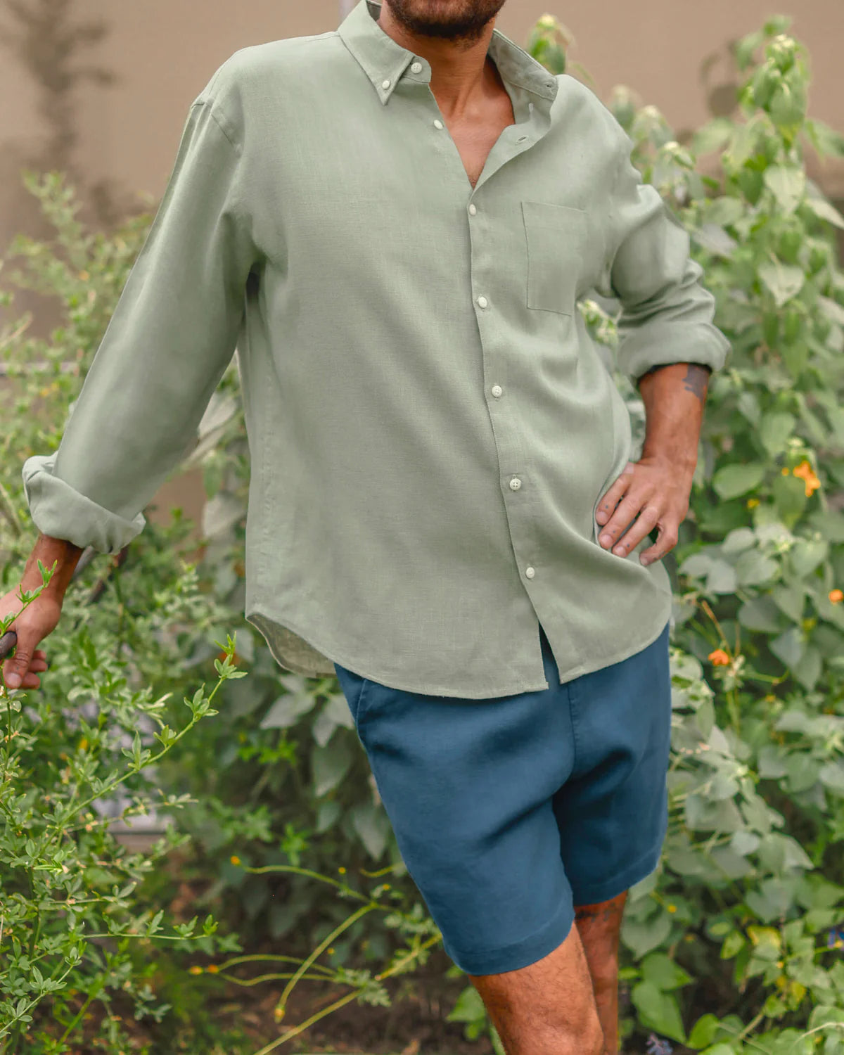 GREEN LONG SLEEVED LINEN SHIRT